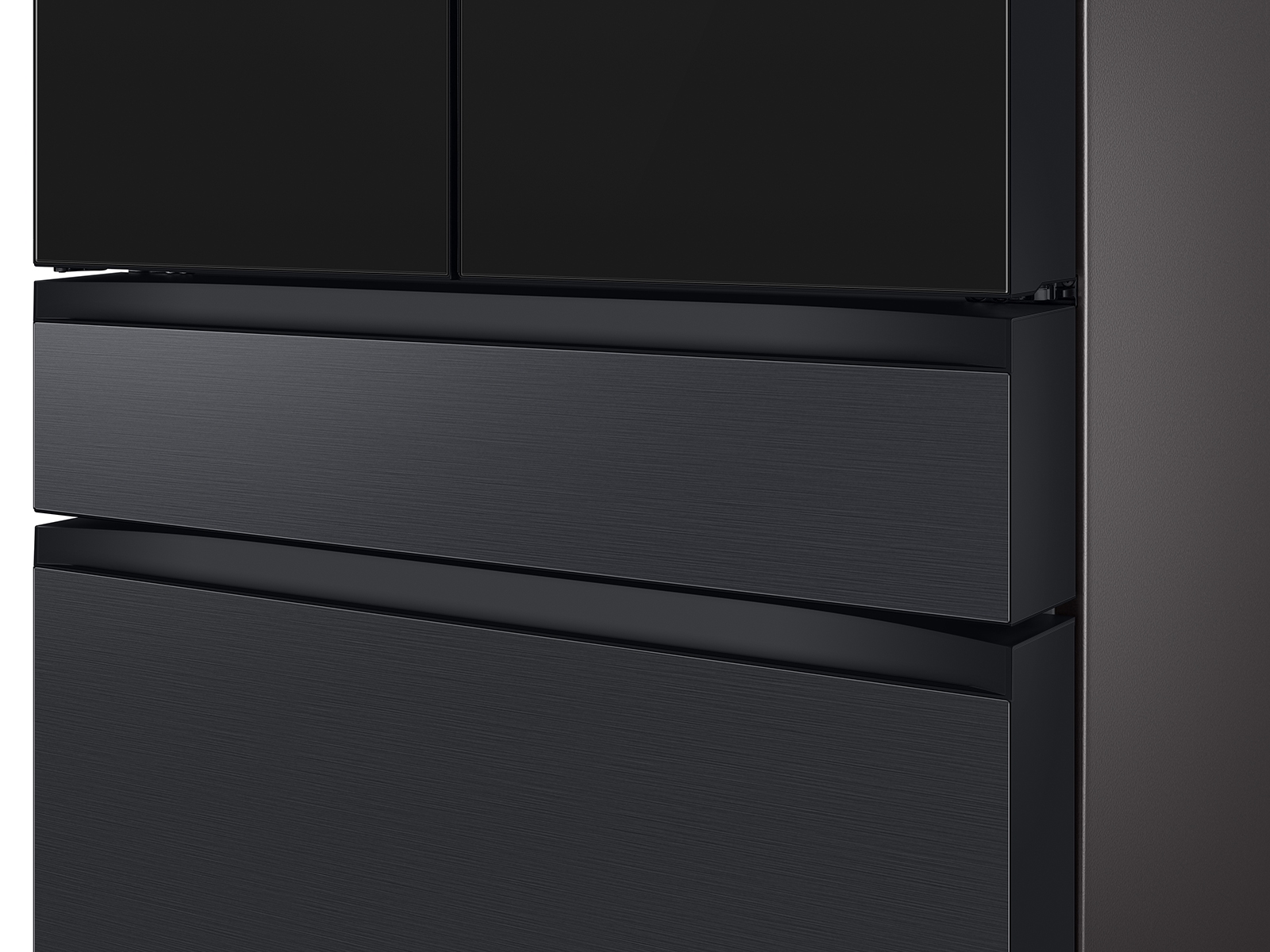 Thumbnail image of Bespoke 4-Door French Door Refrigerator (29 cu. ft.) – with Top Left and Family Hub™ Panel in Charcoal Glass - and Matte Black Steel Middle and Bottom Door Panels