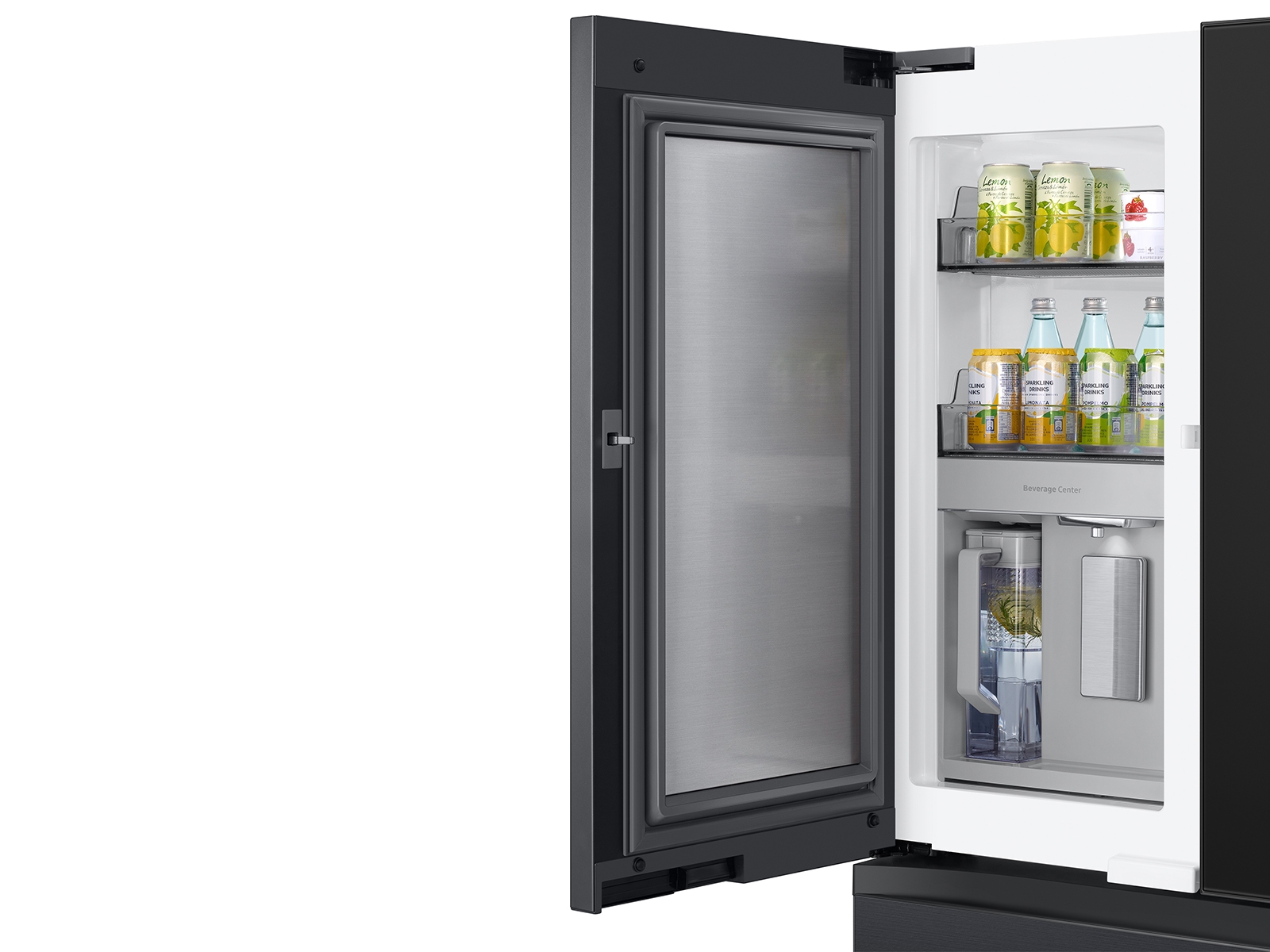 Thumbnail image of Bespoke 4-Door French Door Refrigerator (29 cu. ft.) – with Top Left and Family Hub™ Panel in Charcoal Glass - and Matte Black Steel Middle and Bottom Door Panels