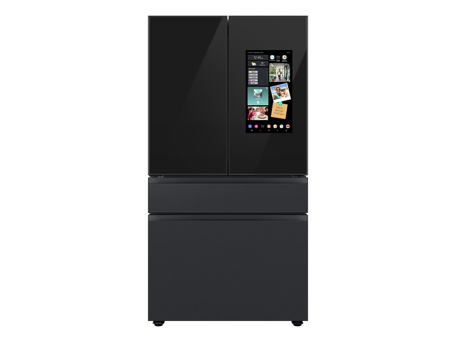 Thumbnail image of Bespoke 4-Door French Door Refrigerator (29 cu. ft.) – with Top Left and Family Hub™ Panel in Charcoal Glass - and Matte Black Steel Middle and Bottom Door Panels