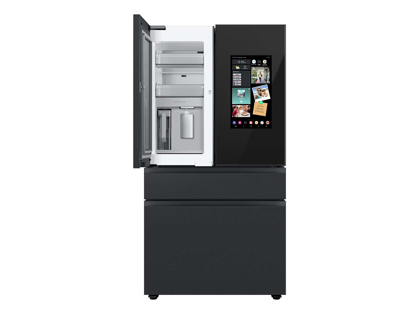 Thumbnail image of Bespoke 4-Door French Door Refrigerator (29 cu. ft.) – with Top Left and Family Hub™ Panel in Charcoal Glass - and Matte Black Steel Middle and Bottom Door Panels