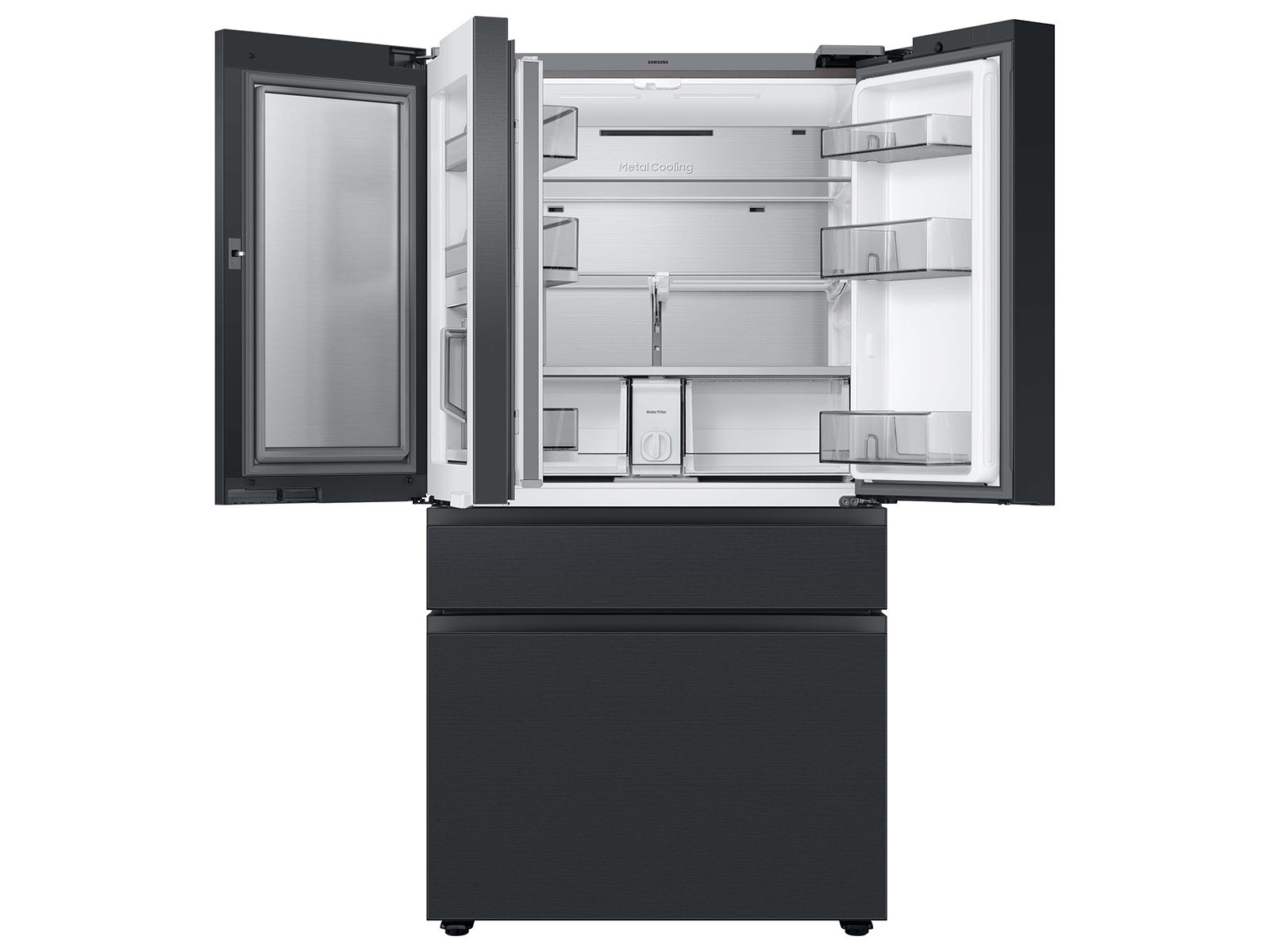 Thumbnail image of Bespoke 4-Door French Door Refrigerator (29 cu. ft.) – with Top Left and Family Hub™ Panel in Charcoal Glass - and Matte Black Steel Middle and Bottom Door Panels
