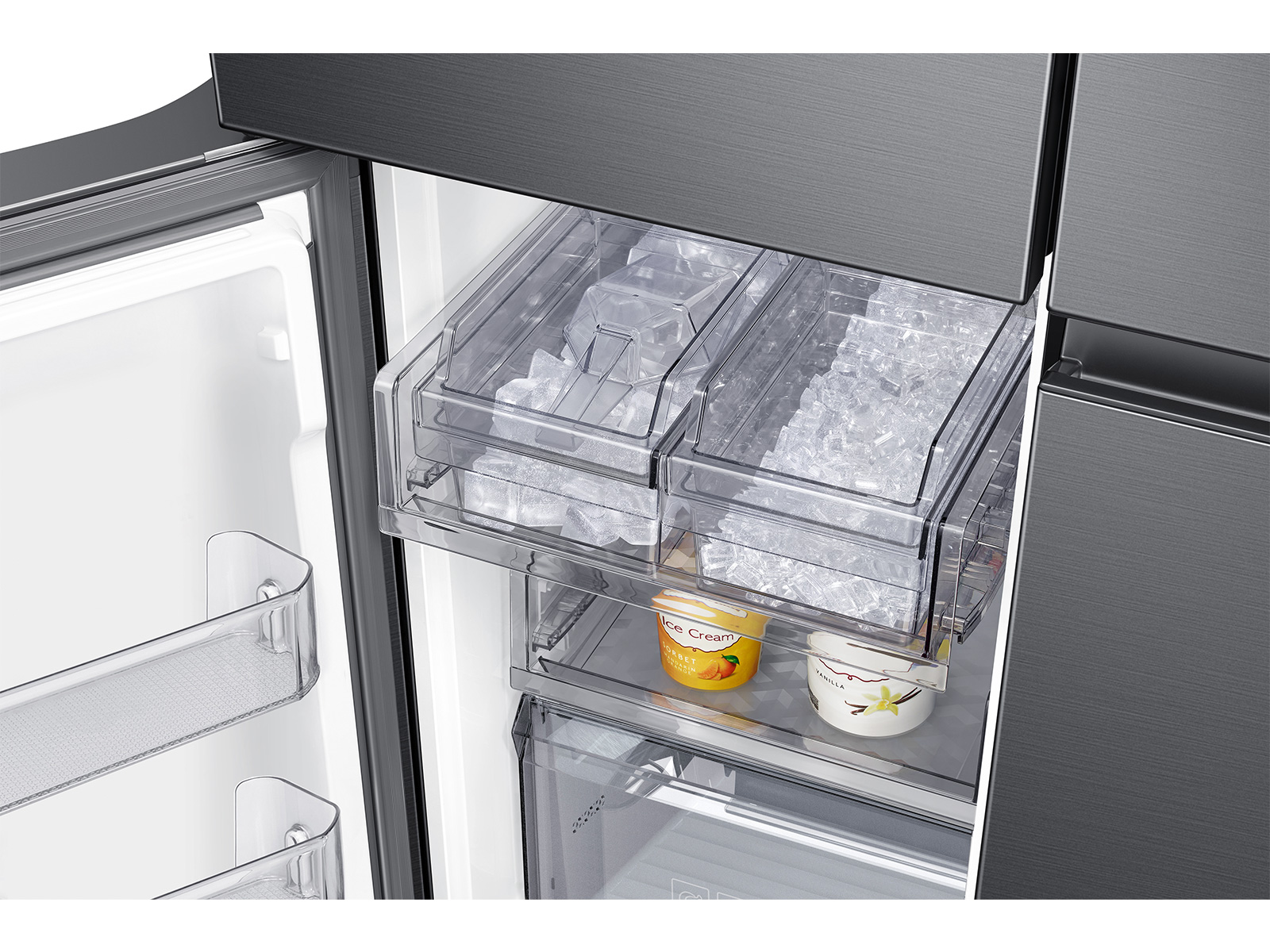 Thumbnail image of 23 cu. ft. Smart Counter Depth 4-Door Flex™ refrigerator with Family Hub™ and Beverage Center in Black Stainless Steel