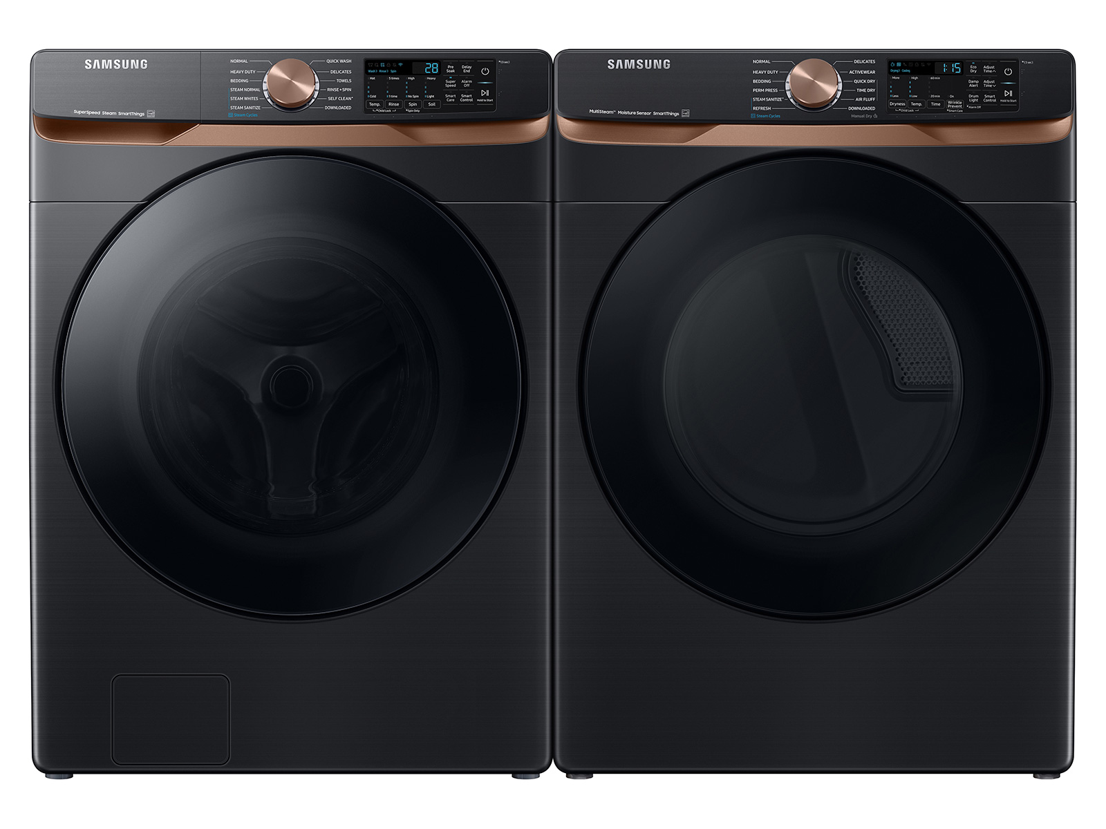 Thumbnail image of Extra Large Capacity Smart Front Load Washer and Electric Dryer Set with Super Speed Wash, Steam Sanitize+, and Sensor Dry in Brushed Black