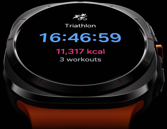 A Galaxy Watch Ultra is displaying a Multisport Tile screen with the distance for swimming, cycling and running shown.