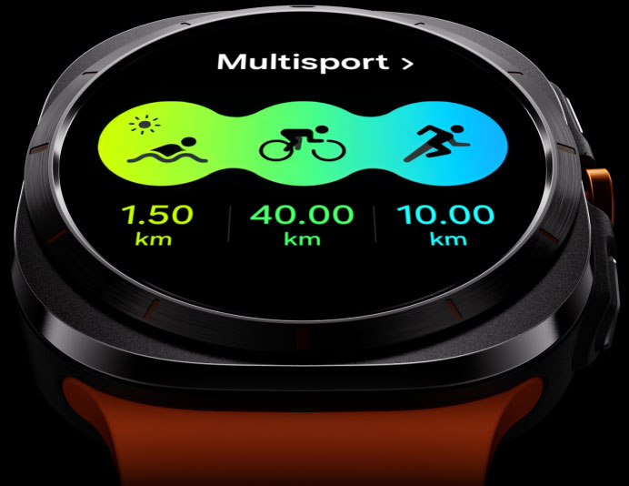A Galaxy Watch Ultra is displaying a Multisport Tile screen with the distance for swimming, cycling and running shown.