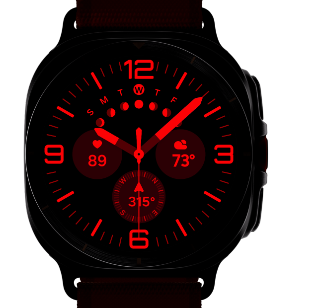 A Galaxy Watch Ultra is seen in daylight. As night falls and the sky turns dark, the Night Mode watch face glows on the watch screen.